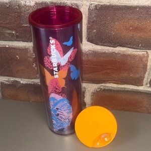 Starbucks Tumbler with Pink, Orange, and Blue Butterfly Design 16oz.